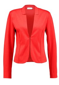 Blazer rouge à manches longues avec col cranté et fermeture zippée frontale, confectionné dans un tissu lisse avec une coupe ajustée et sans accents visibles.