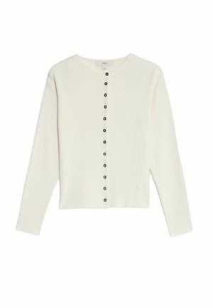 Bílý žebrovaný cardigan s kulatým výstřihem a dlouhými rukávy, s tmavými knoflíky probíhajícími po přední straně. Měkká textura, zkrácený střih.