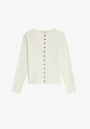 White ribbed cardigan featuring a round neck and long sleeves, with dark buttons running down the front. Soft texture, cropped design.