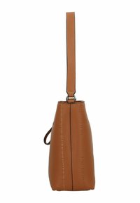 Sac à main en cuir marron avec un design structuré, une forme étroite et une fine bandoulière. Des coutures visibles ajoutent du détail à la surface du sac.