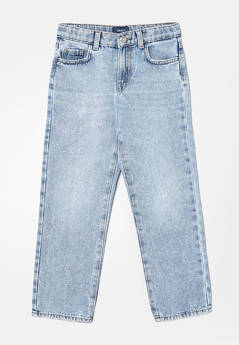 Hellblaue gerade geschnittene Jeans aus Denim mit einem verwaschenen Finish, fünf Taschen und einem Knopfverschluss. Mit Gürtelschlaufen und mittelhohem Bund.