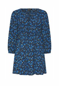 Sininen kukkamekko tummansinisellä taustalla, pitkät puffihihat, rypistetty yläosa ja levenevä hame. Sisältää pieniä vihreitä lehtiä.