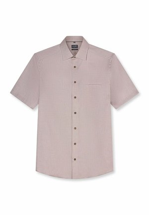 Light beige short-sleeve button-up shirt with a chest pocket and classic collar, laid flat on a white background.