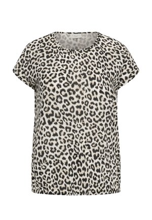 Sieviešu īsroku krekls ar melnu un baltu leoparda rakstu un apaļu kakla izgriezumu.