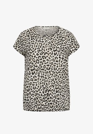 Sieviešu īsroku krekls ar melnu un baltu leoparda rakstu un apaļu kakla izgriezumu.