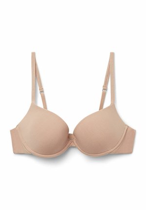 Beżowy soft bra z regulowanymi ramiączkami, bezszwowymi miseczkami i gładką fakturą. Posiada zapięcie na haftkę z tyłu.
