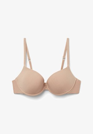 Beige gevoerde beha met verstelbare bandjes, naadloze cups en een zachte textuur. Voorzien van een haak-en-oogsluiting op de rug.