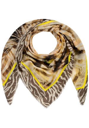 Foulard carré à motifs animaliers en marron, beige et jaune, plié en forme circulaire lâche avec des bords à franges.