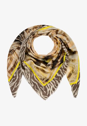 Foulard carré à motifs animaliers en marron, beige et jaune, plié en forme circulaire lâche avec des bords à franges.