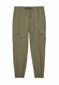 Pantaloni cargo de culoare verde măsliniu, cu talie elastică, șnur de ajustare și buzunare laterale. Prezintă manșete ascuțite și o textură fină a materialului.