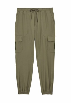 Pantaloni cargo de culoare verde măsliniu, cu talie elastică, șnur de ajustare și buzunare laterale. Prezintă manșete ascuțite și o textură fină a materialului.