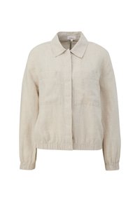 Light beige linen jacket with a collar, elasticized waistband, and two front pockets. Features long sleeves and a simple, structured design.