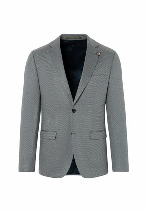 Grau Blazer aus strukturiertem Stoff, zwei vordere Taschen, ein Knopfverschluss und ein dunkelblaues Innenfutter. Dekoratives Hardware-Detail enthalten.