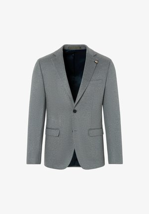 Grau Blazer aus strukturiertem Stoff, zwei vordere Taschen, ein Knopfverschluss und ein dunkelblaues Innenfutter. Dekoratives Hardware-Detail enthalten.