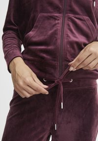 Bordeaux velours trainingspak met een rits-hoodie. Beschikt over voorzakken en een verstelbare taille met zilveren hardware accenten. Zachte textuur zichtbaar.