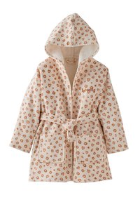Häudy Kinder-Bademantel mit beige- und braunfarbenem Herz- und Leopardenmuster, zwei vorderen Taschen, einem Gürtel und dem Namen "Léonie" auf der Brust gestickt.
