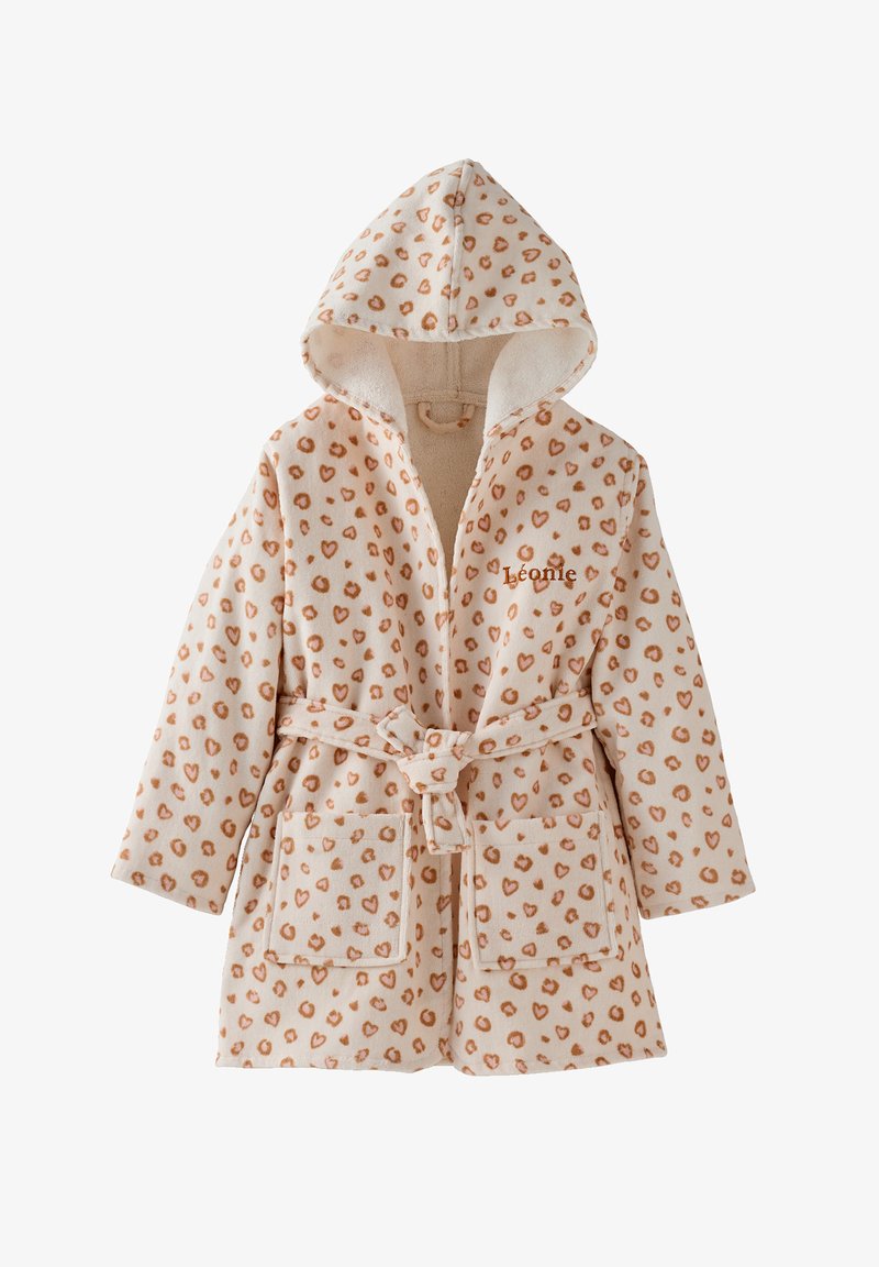 Hooded children's bathrobe with beige and brown heart and leopard print, two front pockets, belt, and name "Léonie" embroidered on chest.