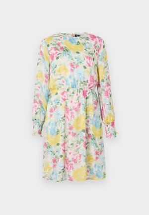 Bloemenjurk met lange mouwen, elastische manchetten, gele, roze en blauwe bloemen op een lichte achtergrond, strakke taille, luchtige stof.