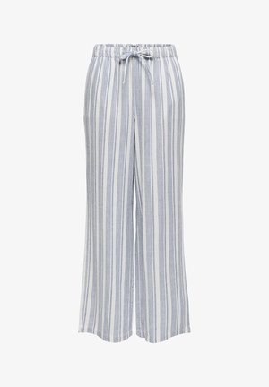 Φαρδύ παντελόνι σε ελαφρύ ύφασμα με κατακόρυφες μπλε και λευκές ρίγες, ελαστική μέση με κορδόνι και χαλαρή εφαρμογή.