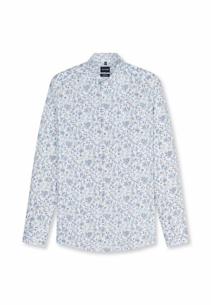 Langärmliges Hemd mit Knöpfen, hellblau-beiges Blumenmuster auf weißem Hintergrund, flach liegend mit sichtbarem Kragen.