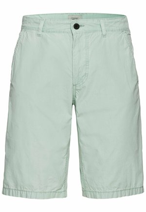 Mintgroene korte broek gemaakt van lichtgewicht stof, met een platte voorkant, twee zijzakken, een knoopsluiting en subtiele stiksel details.