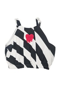Top corto a righe bianche e nere con orlo elastico, caratterizzato da un logo a cuore ricamato in rosa al centro. Spalline regolabili.