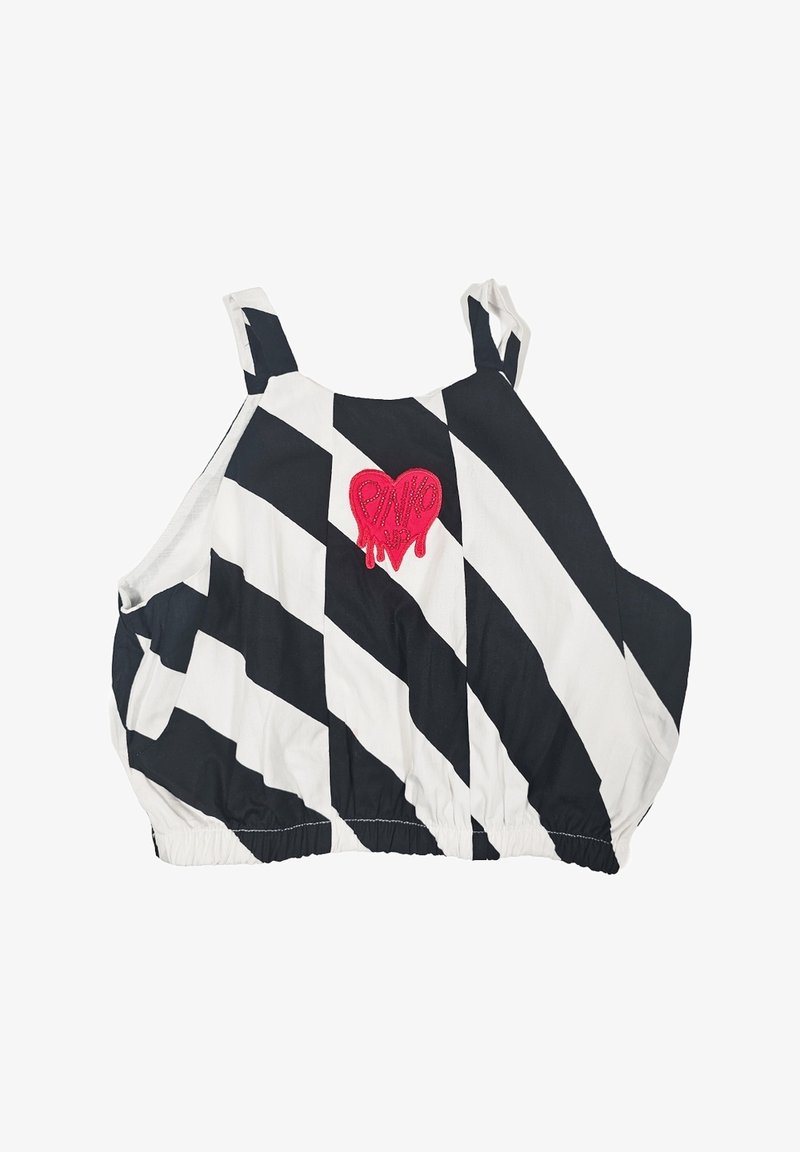 Top corto a righe bianche e nere con orlo elastico, caratterizzato da un logo a cuore ricamato in rosa al centro. Spalline regolabili.