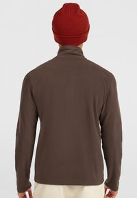 Brun fleecepullover med høj krave og lange ærmer, der har en blød tekstur. Båret med en rød strikket hue. Bagfra.