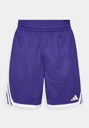 Purple athletic shorts made from breathable mesh material, featuring white stripes along the sides and a waistband with elastic detail.