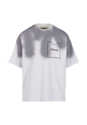White and gray tie-dye oversized t-shirt with a ribbed crew neck and a stitched pocket outline featuring the text "Eternity."