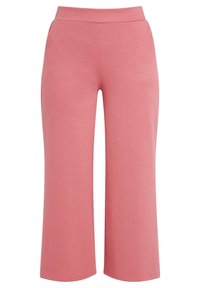 Ljust rosa vida byxor gjorda av mjukt tyg, med en slät midja och en rak, flödande siluett. Inga synliga fickor eller mönster.