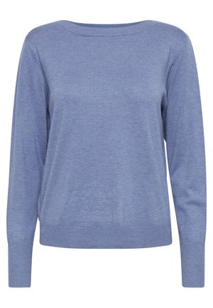 Hellblauer Pullover mit langen Ärmeln, rundem Ausschnitt und strukturiertem Strickstoff. Rippbündchen und Saum verleihen Struktur.