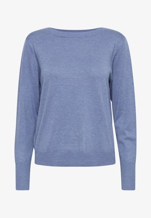 Jasnoniebieski sweter z długimi rękawami, okrągłym dekoltem i teksturowanym dzianinowym materiałem. Żebrowane mankiety i dół nadają mu strukturę.