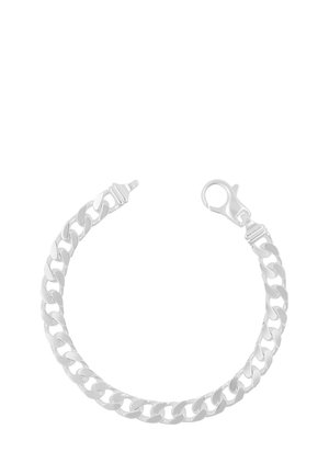 Bracelet chaîne curb ton argent avec fermoir mousqueton sur fond blanc.