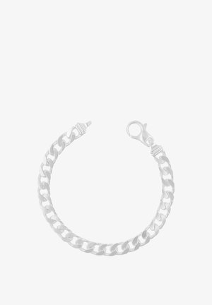 Silberfarbiges Panzerkettenarmband mit Karabinerverschluss vor weißem Hintergrund.