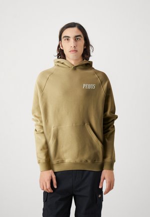 Olive green hoodie with a front pocket, ribbed cuffs, and “PEQUS” printed in white. Made of soft, textured fabric, featuring a drawstring hood.