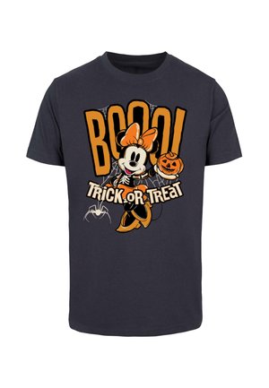 Crna pamučna majica s crtanim likom s bundevom, natpisima "Boo!" i "Trick or Treat" u narančastoj i bijeloj boji, s naglascima paučine.