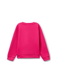 Felpa pink brillante a maniche lunghe con polsini e orlo a costine, mostrata da dietro su uno sfondo bianco.