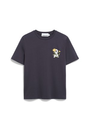 Dark gray cotton t-shirt with a crew neckline. Features a small, colorful graphic of a figure holding sunflowers on the left chest area.