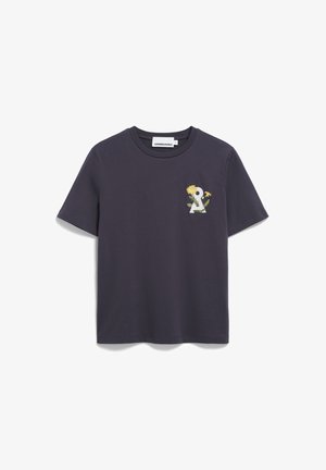 Dunkelgraues Baumwoll-T-Shirt mit Rundhalsausschnitt. Besitzt eine kleine, bunte Grafik einer Figur, die Sonnenblumen hält, auf der linken Brustseite.