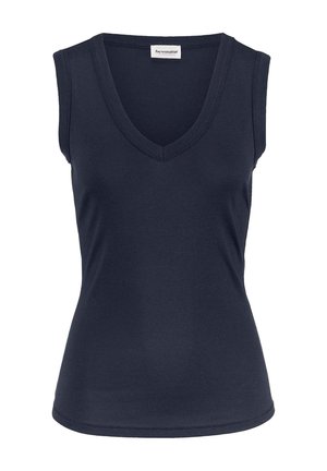 Donkerblauw mouwloos damestop met V-hals en aansluitende pasvorm, gemaakt van gladde stof, met label "hessnatur" in de nek.