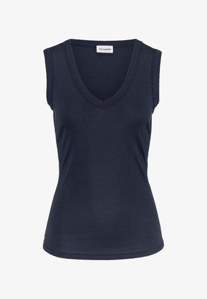 Ärmelloses Damenoberteil in Marineblau mit V-Ausschnitt und figurbetonter Silhouette, aus glattem Stoff, mit „hessnatur“-Etikett innen im Kragen.