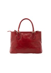 Borsa a tracolla in pelle rossa con doppi manici, parte superiore con zip, angoli arrotondati e una trama sottile. Presenta dettagli in metallo color oro.