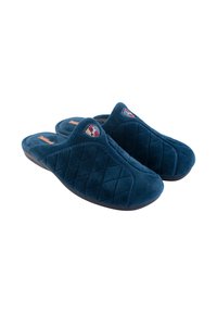 Zapatillas acolchadas de color azul marino, con punta redondeada, hechas de un tejido suave. Presenta un parche con el logo en el lateral y una suela negra texturizada.