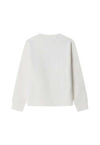 Sudadera gris claro de manga larga, con cuello redondeado y diseño recortado. Tejido liso y estilo minimalista, sin logotipos ni patrones visibles.