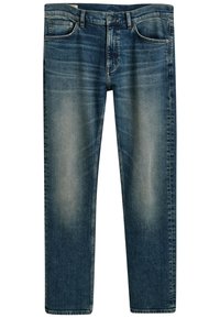 Blå denimjeans med raka ben, med blekta områden, fem fickor och knäppning. Tyget har en mjuk textur.