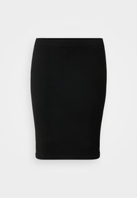 Svart blyantkjole laget av ribbet stoff. Slim fit-design med en glatt midje og kne-lengde hem. Ingen synlige mønstre eller detaljer.