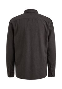 Langarmshirt van donkergrijze stof met een gestructureerde afwerking, voorzien van een puntige kraag en knoopmanchetten. Het achterkantdetail heeft een lus.