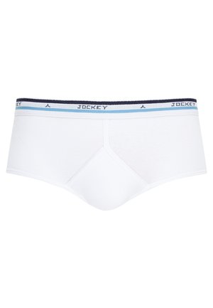 Mutandine bianche con un cinturino elastico testurizzato, caratterizzato da accenti blu navy e azzurri, marchiate "JOCKEY." Forma classica a slip con una tasca sagomata.