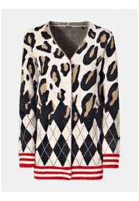 Sweter rozpinany w wzór panterki, wykonany z miękkiego dzianiny, w kolorach beżowym, czarnym i kremowym. Mankiety i dół w czerwono-białe paski z detalem w romby.